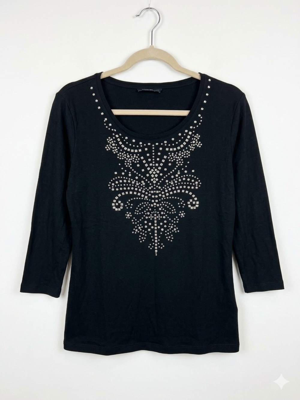 Karen Scott Black Long Sleeve Scoop Neck Top with Silver Stud Detail